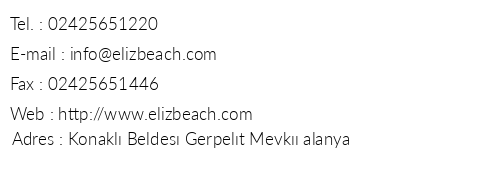 Eliz Beach Hotel telefon numaralar, faks, e-mail, posta adresi ve iletiim bilgileri